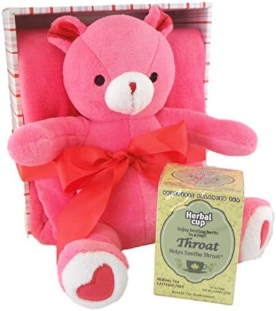 Take Care Sick Day Teddy Bear Blanket Bundle - Two items: Pink Bear and Plush Blanket with Herbal Ayurvedic Tea (Throat)