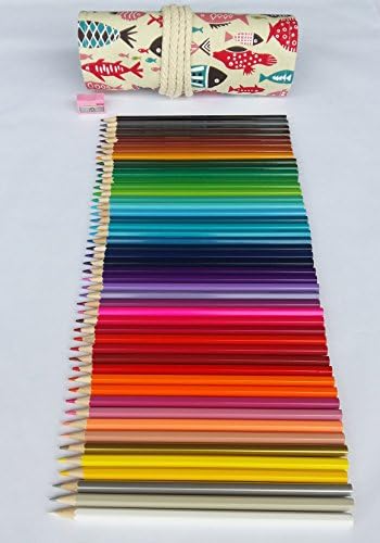 Colored Pencils 48 for Adults Kids with Canvas Roll up Wrap Case Beige Fish Holder and Sharpener Set Artist for Drawing Coloring Best Premium Art Supplies Assorted Colors Gift Travel Kit (Beige )