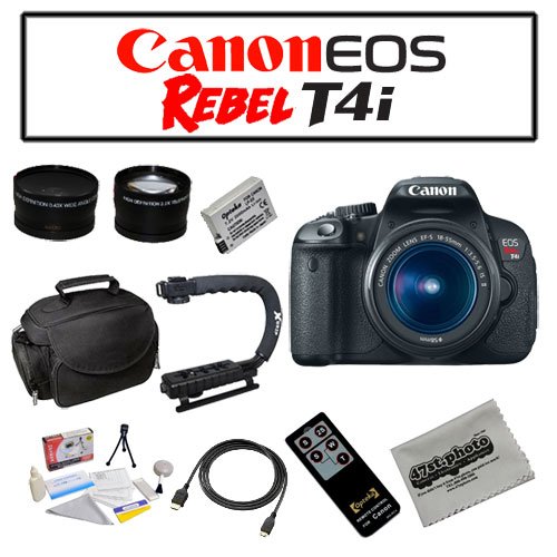 Canon EOS Rebel T4i Digital Camera with EF-S 18-55mm f/3.5-5.6 IS II Lens with Starters Bundle Kit Including Opteka Microfiber Deluxe Camera Gadget Bag, Opteka .43x High Definition Wide Angle With Macro & 2.2x Telephoto Lens Kit, Opteka X-GRIP Professional Camera / Camcorder Action Stabilizing Handle and MORE!
