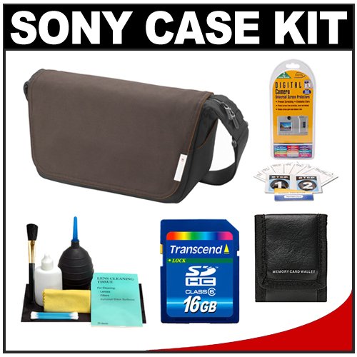 Sony Alpha LCS-MS10 Digital SLR Camera Soft Case Messenger Bag (Brown) + 16GB Card + Accessory Kit for A33, A35, A55, A290, A390, A230, A550, A560, A580, A850