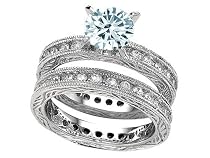 3.35 cttw Sterling Silver 14K White Gold Plated Genuine Round Aquamarine Eternity Wedding Set - Gold Plated Silver