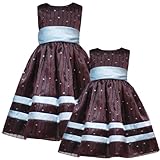 IMAGE OF SIZE-5 RRE-15808H, BROWN TURQUOISE-BLUE GLITTERED DOT ORGANZA OVERLAY Special Occasion Wedding Flower Girl Holiday Party Dress, Rare Editions H315808