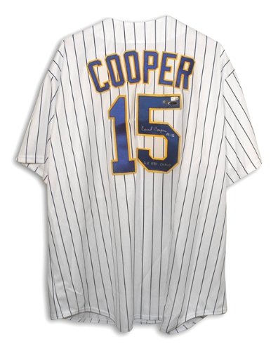 Cecil Cooper Autographed/Hand Signed Milwaukee Brewers Pinstripe Majestic Throwback Jersey Inscribed