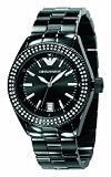 Image of Emporio Armani Ladies Round Case With Glass Crystal Stones Black Dial Black IP Bracelet  Watch