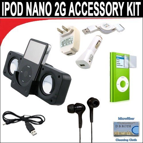 8 pc. Accessory kit for iPod Nano 2G. Includes Black portable stereo speaker w/cable 3-in-1 iPod charging kit (1000mAH) Black Mini soft Earbuds Reusable Pre-Cut Screen Protector and a DBROTH Microfiber Cleaning Cloth