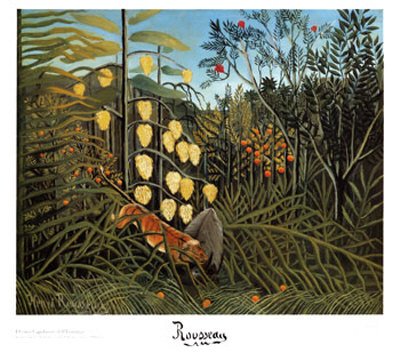 Struggle between Tiger and Bull in a Tropical Forest Art Poster Print by Henri Rousseau, 32x28