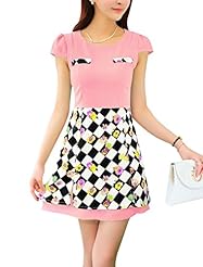 A-line Plaid Print Cap Sleeves Round Neck Cotton/Polyester  Dress