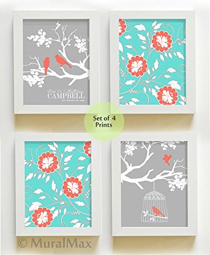 Coral and Turquoise Wall Decor Family Tree Personalized Prints - Home Decor Wall Art - Wedding Gift - Housewarming Gift - Personalized Gift - Size 8x10