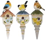 5 inch Blue Bird Figurine on Bird House Outdoor Garden Stake D&eacute;cor - Set of 3