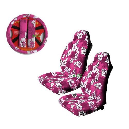 A Set of 5 Pc. Universal fit Hawaiian Hibiscus Floral Print Front Bucket Seat Cover  Steering Wheel Cover and Shoulder Harness Pressure Relief Cover   Pink
