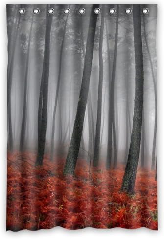 Custom Unique Design Trees Mist in the Forest and Red Flower Waterproof Bathroom Shower Curtain- Polyester Fabric, 48(w)x72(h)