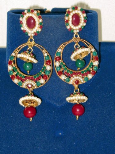 Beautuful Gold Finish Earrings with Faux Emerald Green Ruby Beads Designer Danglers