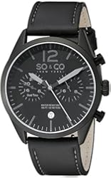 SO&CO New York Men's 5028.2 Monticello Date GMT Quartz Black Leather Strap Watch