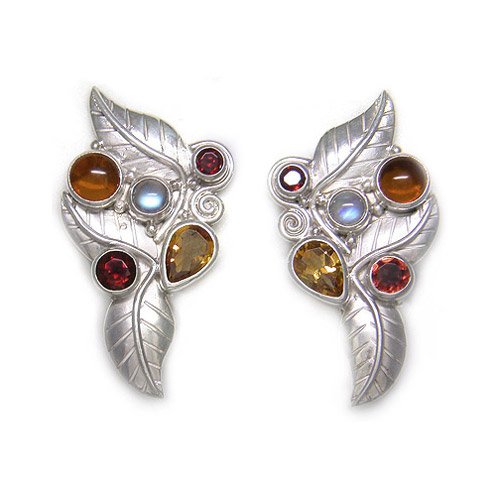 Sterling Silver Garnet, Amber, Citrine, and Rainbow Moonstone Clip-On Earrings By Sajen