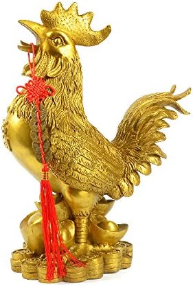Feng Shui Decorative Golden Proud Rooster Figure Wealthy Lucky With ancient China coin