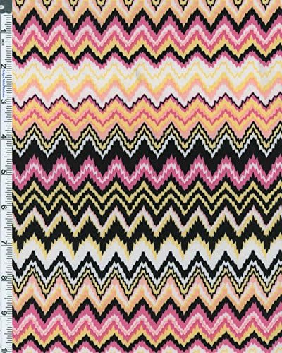 Stretch Poly Jersey Knit Zig-zag Print Fabric By The Yard, Pink /Yellow