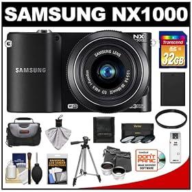 Samsung NX1000 Smart Wi-Fi Digital Camera Body & 20-50mm Lens (Black) with 32GB Card + Case + Battery + Tripod + Telephoto & Wide-Angle Lenses + Filters + Accessory Kit