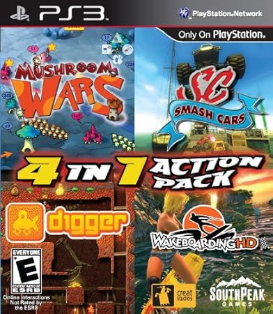 4-in-1 Action Pack including Mushroom Wars, Digger HD, Smash Cars and Wakeboarding HD