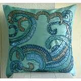Tides - 20x20 Inches Decorative Pillow Covers - Silk Pillow Cover Embellished with Beads