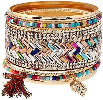 JSea Jewelry 7pcs/set Bohemian Big Bangles Colorful Beads Tassel Leaf Charms Bracelets Set
