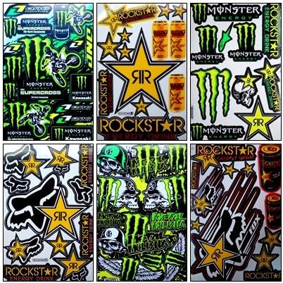 Set 6 Sheet Rockstar Energy Yamaha Kawasaki Metal Mulisha ATV Helmet Bike Motorcycle Motocross Racing Decal Sticker