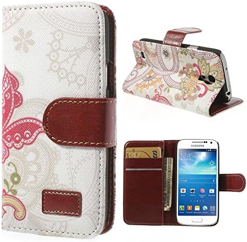 JUJEO Magnetic Leather Flip Cover with Card Slots and Stand for Samsung Galaxy S4 mini I9190 - Non-Retail Packaging - Red Butterfly and Flowers