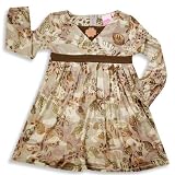 Lipstik - Girls Long Sleeve Floral Dress, Brown, Olive
