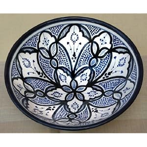 Moroccan Handmade White and Blue Fez Large Ceramic Bowl,by Treasures of Morocco,Free shipping