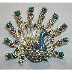 Traveller� Schmuck Brosche Pfau mit Swarovski-Kristallen gr�n/blau - 22kt vergoldet