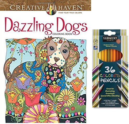 Adult Coloring Book and Pencil Set - Dover Creative Haven Dazzling Dog Coloring Book and Colored Pencils, Set of 36 - Dog Lovers Stress Therapy Gift Set