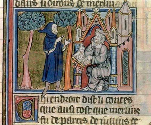 Cover image : Kunstreproduktion: French School, Ms Fr. 95 f.268 Merlin dictates the story to Blaise, from, 80 x 66