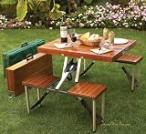 Pinic at Ascot Portable Picnic Wood Table Set With Green Polycanvas Storage Case