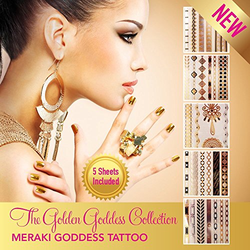Aloha Sky Metallic Temporary Tattoo | 5 Sheets = over 40 tattoos! Festival flash tattoo for Ultra Music Festival, Coachella, Boho Festival Accessory | Golden Goddess Collection