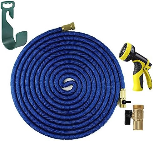 HELEN 100FT Expanding Heavy Duty Expandable Strongest Garden Water Hose Triple Latex Core with Shut Off Valve Solid Brass Connector and 9-Patter Spray Nozzle, 2016 Improved Version(Blue)
