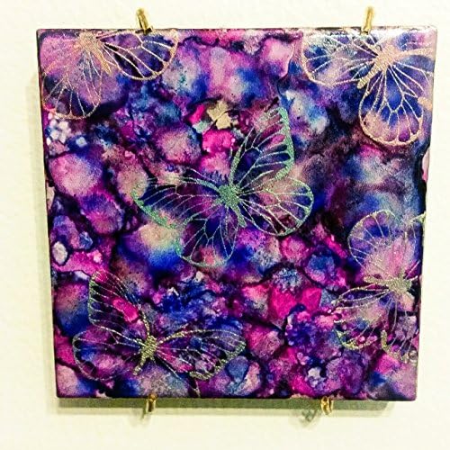 BUTTERFLIES EMBOSSED DECORATIVE TILE OR COASTER ALCOHOL INK AND EMBOSSED INCREDIBLE DETAIL AND DIMENSION INCLUDES STAND AND FREE SHIPPING