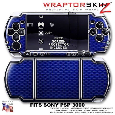 Carbon Fiber Blue and Chrome WraptorSkinz Skin and Screen Protector Kit fits Sony PSP 3000