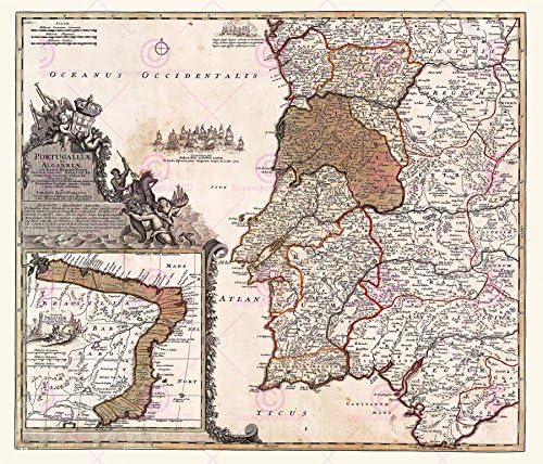 MAP ANTIQUE 1704 HOMANN PORTUGAL BRAZIL OLD LARGE REPLICA POSTER PRINT PAM0180