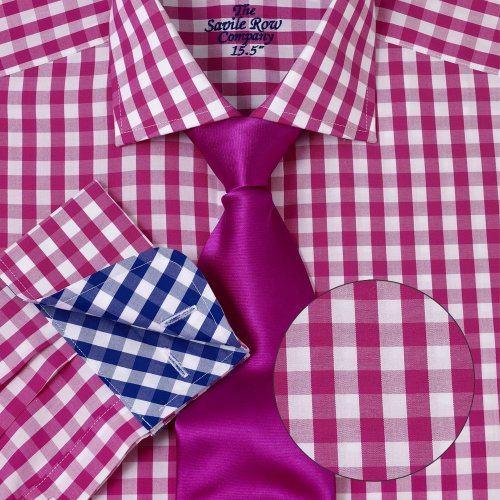 Savile Row Mens Pink White Gingham Fitted Dress Shirt Cutaway Collar Convertible Cuff Savile Row Mens Pink White Gingham Fitted Dress Shirt Cutaway Collar Convertible Cuff