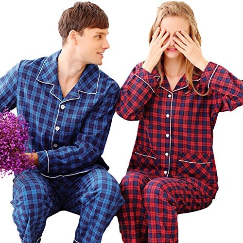 Sangreen Matching Couples Long Sleeve Cotton Pajamas with Pant for Men Blue L