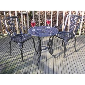 4pc Matt Black Cast Aluminium Garden Furniture Bistro Set Round 60cm table, 2 Carver Armchairs and Matching Parasol Base
