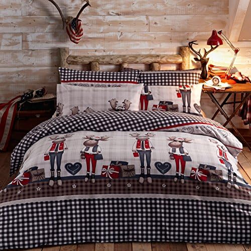 Deep Sleep Home 300 Thread Count 100% High Percale Flannel Cotton Pretty Cartoon Christmas Deer 3pc Duvet Cover Sets Full/Queen Size(Queen, Type 4-ED)