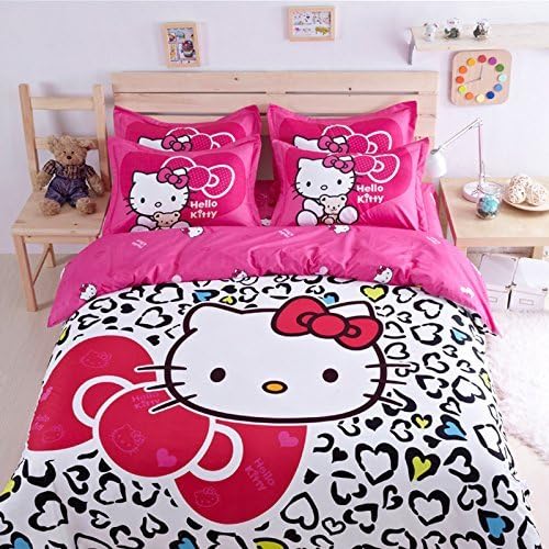 4 Piece Toddler Bedding Set, Hello Kitty 100% Cotton Hello Kitty Pink Duvet Cover Set &amp; Flat Sheet,queen,4 Piece