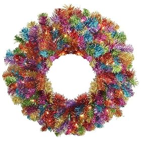 24 Pre-Lit Rainbow Color Laser Tinsel Christmas Wreath - Clear Lights by Sterling