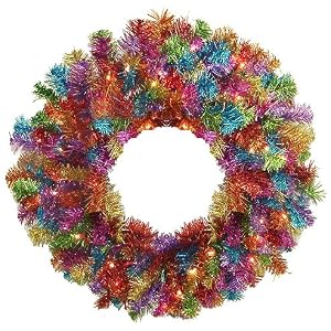 24 Pre-Lit Rainbow Color Laser Tinsel Christmas Wreath - Clear Lights by Sterling