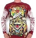 New Ed Hardy By Christian Audigier Platinum Mens Multiprint "Tiger" Tattoo T-shirt in Burgundy~newest 2009 Collection