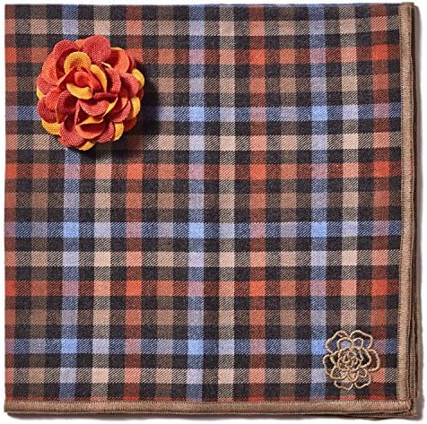 hook + ALBERT Men's Checked Pocket Square and Lapel Flower Set - Orange/Blue/Tan