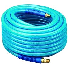 Amflo 13-100E Blue 300 PSI Polyurethane Air Hose 3/8" x 100' With 3/8" MNPT Swivel Ends And Bend Restrictor Fittings