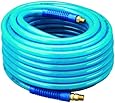 Amflo 13-100AE Blue 300 PSI Polyurethane Air Hose 3/8" x 100' With 1/4" MNPT Swivel Ends And Bend Restrictor Fittings