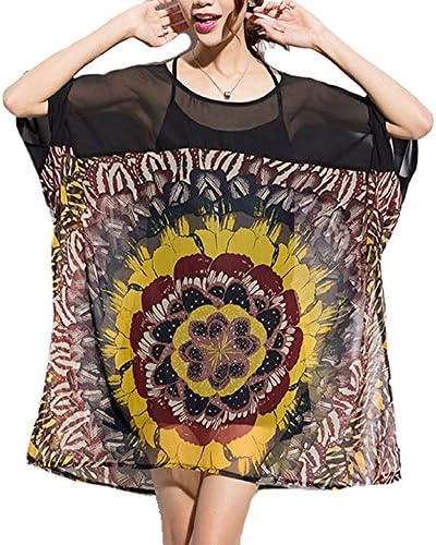 Fairyland7 Womens Sunflower Print Oversize Dresses See Through Chiffon T Shirts