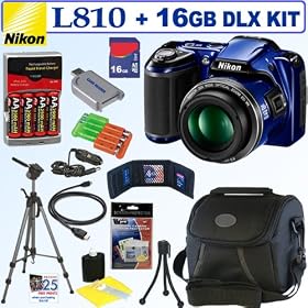 Nikon COOLPIX L810 16.1 MP Digital Camera (Blue) + 4 AA Batteries with AC/DC Rapid Charger + 16GB Deluxe Accessory Kit